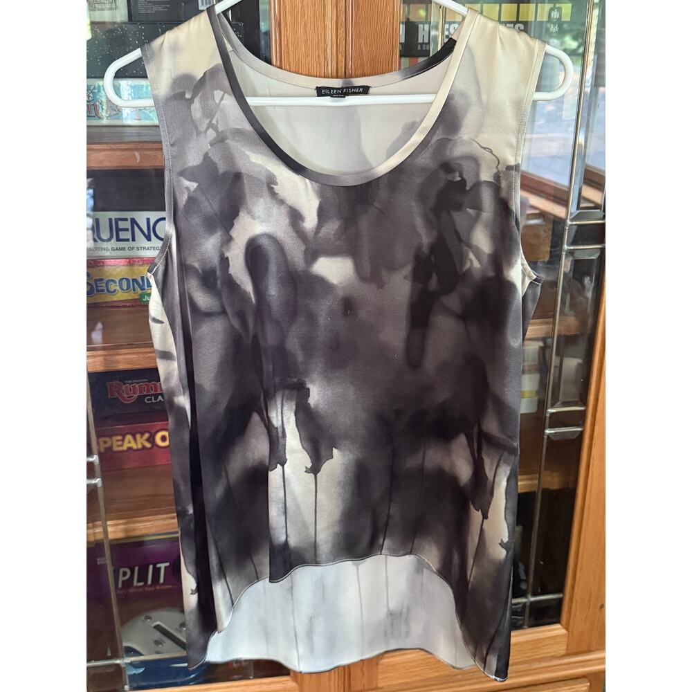 Eileen Fisher Smoky Gray Abstract Watercolor 100% Silk Sleeveless Tank Sz. XS